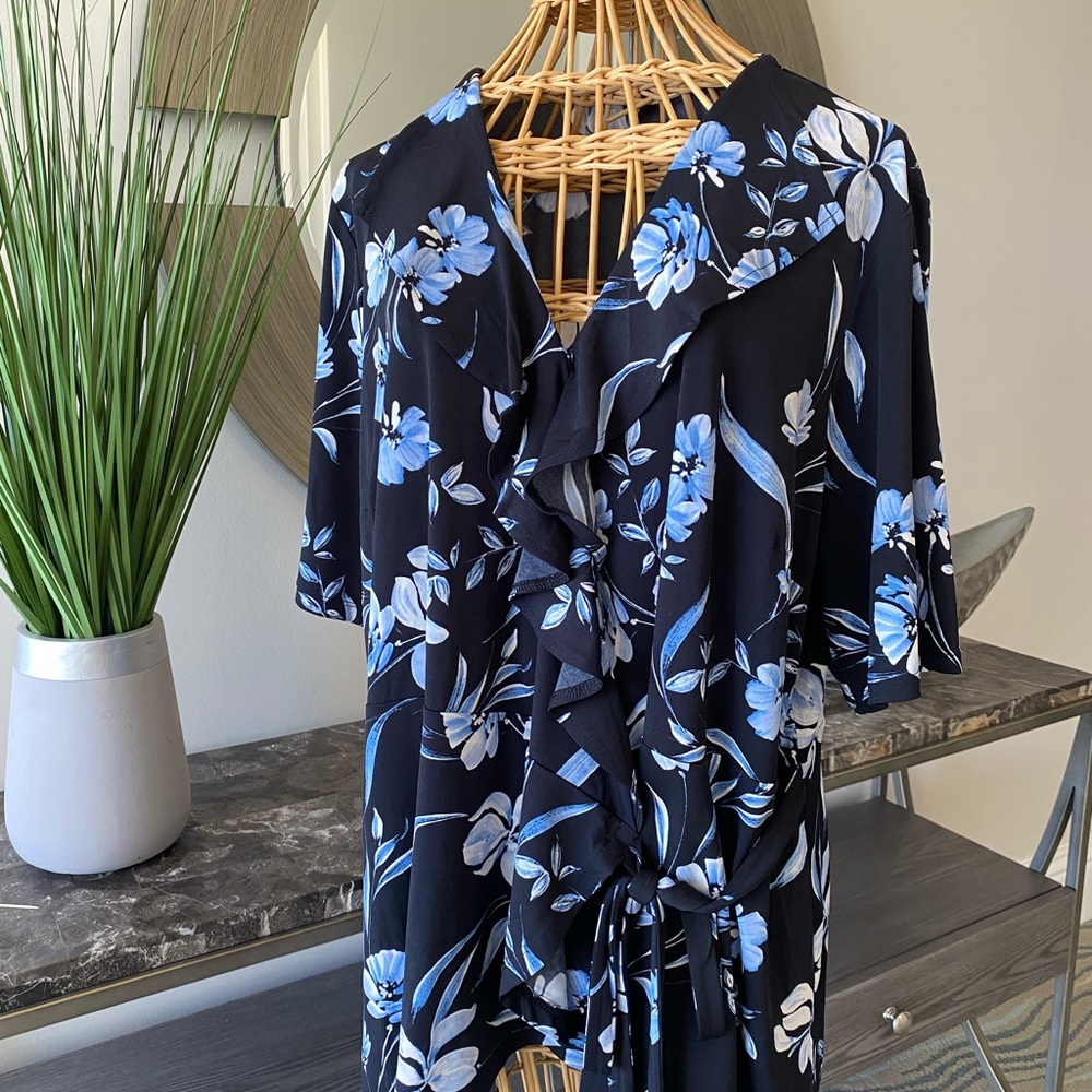 The Limited 1XL Navy Floral with ruffle neck and side tie blouse.